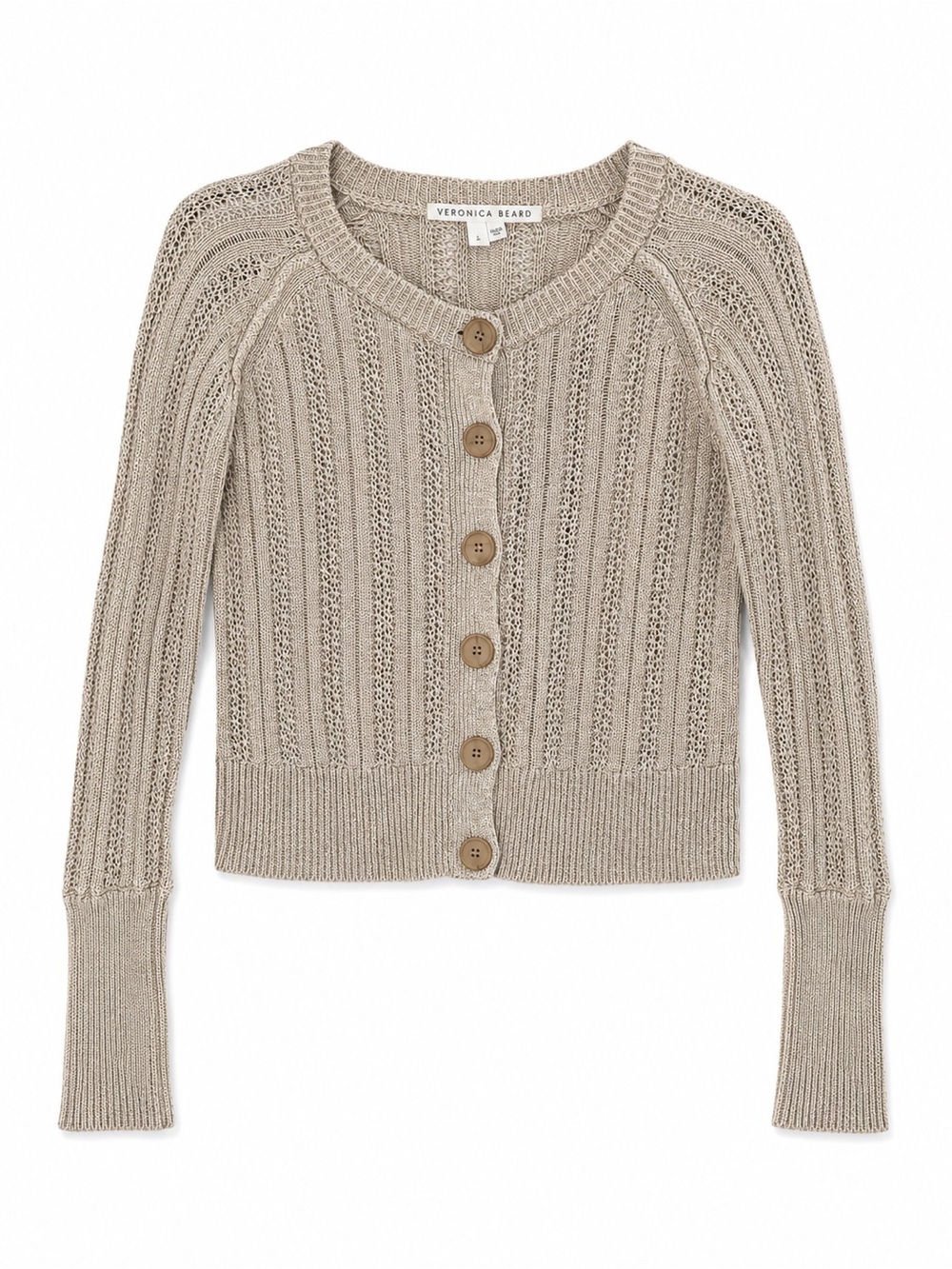 Veronica Beard 100% Linen Cardigan Sweater Beige Oatmeal Open Knit Button Small